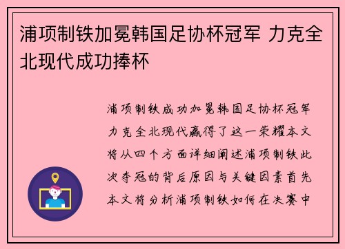 浦项制铁加冕韩国足协杯冠军 力克全北现代成功捧杯